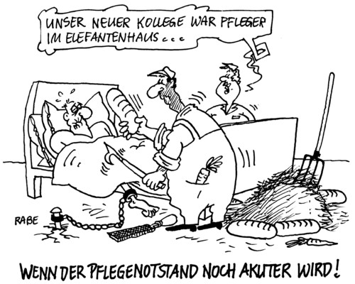 Cartoon: Pflegenotstand (medium) by RABE tagged feile,möhren,heugabel,stroh,brot,kette,elefantenhaus,elefanten,euro,tierpark,zoo,krankenschwester,kranker,bett,rößler,gesundheitsreform,rentner,altersheim,pflegenotstand,gesundheitsreform,gesundheit,krankenschwester,pfleger,rentner,bett,tierpfleger,zoo,elefant,seniorenheim,brot,feile,kette,heugabel,pflegefall,bettdecke,möhren,notstand