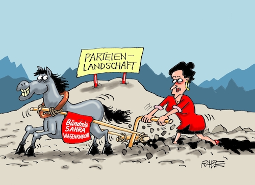 Cartoon: Pflugshow (medium) by RABE tagged wagenknecht,sahra,linke,parteienbildung,verein,bsw,gründung,vernunft,gerechtigkeit,migration,klimapolitik,wahlberechtigte,osten,rabe,ralf,böhme,cartoon,karikatur,pressezeichnung,farbcartoon,tagescartoon,pferd,acker,ackergaul,pflug,pflugschar,feld,bestellung,furche,ackerfurche,wagenknecht,sahra,linke,parteienbildung,verein,bsw,gründung,vernunft,gerechtigkeit,migration,klimapolitik,wahlberechtigte,osten,rabe,ralf,böhme,cartoon,karikatur,pressezeichnung,farbcartoon,tagescartoon,pferd,acker,ackergaul,pflug,pflugschar,feld,bestellung,furche,ackerfurche