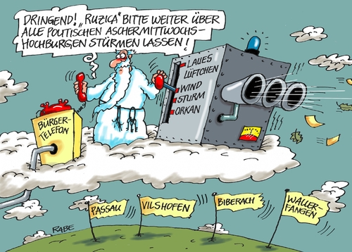 Cartoon: Politischer Aschermittwoch (medium) by RABE tagged aschermittwoch,karneval,fasching,sturmtief,ruzica,bayern,vilshofen,csu,ddu,spd,linke,grüne,passau,biberach,wallerfangen,petrus,wolken,orkan,orkanschäden,rabe,ralf,böhme,cartoon,karikatur,pressezeichnung,farbcartoon,tagescartoon,flüchtlinge,flüchtlingskrise,obergrenze,abschiebung,aschermittwoch,karneval,fasching,sturmtief,ruzica,bayern,vilshofen,csu,ddu,spd,linke,grüne,passau,biberach,wallerfangen,petrus,wolken,orkan,orkanschäden,rabe,ralf,böhme,cartoon,karikatur,pressezeichnung,farbcartoon,tagescartoon,flüchtlinge,flüchtlingskrise,obergrenze,abschiebung