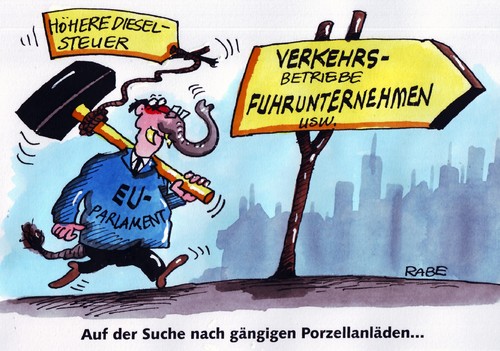 Cartoon: Porzelanläden (medium) by RABE tagged eu,parlament,brüssel,euro,abstimmung,gesetz,steuer,steuererhöhung,dieselsteuer,diesel,kraftstoff,spritpreise,tankstellen,tank,busse,lkw,verkehrsbetriebe,fuhrunternehmen,fahrzeuge,elefant,dickhäuter,hammer,kaputt,zerschlagen,porzellan,porzelanladen,scherben,zapfsäule,super,eu,parlament,brüssel,euro,abstimmung,gesetz,steuer,steuererhöhung,diesel,dieselsteuer,kraftstoff,spritpreise