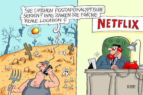 Cartoon: Postapokalypse (medium) by RABE tagged dürre,dürreschäden,bauern,landwirte,bestandsaufnahme,agrarministerin,klöckner,getreide,viehzucht,rabe,ralf,böhme,cartoon,karikatur,pressezeichnung,farbcartoon,tagescartoon,wüste,kakteen,geier,hitze,netflix,filmstudio,serien,produzent,apokalypse,postapokalypse,location,filmboss,dürre,dürreschäden,bauern,landwirte,bestandsaufnahme,agrarministerin,klöckner,getreide,viehzucht,rabe,ralf,böhme,cartoon,karikatur,pressezeichnung,farbcartoon,tagescartoon,wüste,kakteen,geier,hitze,netflix,filmstudio,serien,produzent,apokalypse,postapokalypse,location,filmboss