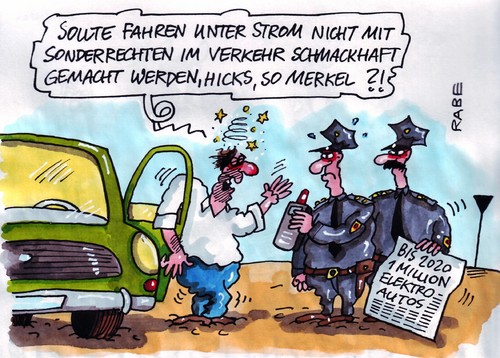 Cartoon: Promillefahrt (medium) by RABE tagged leitanbieter,leitmarkt,steuervorteile,kanzlerin,merkel,cdu,bundesregierung,verkehrsminister,ramsauer,csu,wirtschaftsminister,fdp,euro,krise,fahrzeugindustrie,autokonzerne,pkw,auto,fahrzeughalter,elektroauto,elektromobil,strom,stromkosten,steckdose,tankstelle,batterie,umweltschutz,grüne,polizei,uniform,polizeikontrolle,alkoholtest,pusteröhrchen,blasen,promille,prozent,betrunken,trunkenheit,steuer,füherschein,führerscheinentzug,entzugsanstalt,flensburg,fahrverbot,punktekartei,leitanbieter,leitmarkt,steuervorteile,kanzlerin,merkel,cdu,bundesregierung,verkehrsminister,ramsauer,csu,wirtschaftsminister,fdp,euro,autokonzerne,fahrzeugindustrie,pkw,auto,strom