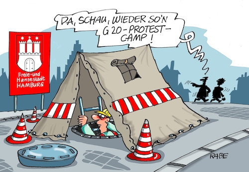 Cartoon: Protestcamp (medium) by RABE tagged hamburg,sturmflut,zwanzig,gipfel,militante,linke,linksextremisten,rabe,ralf,böhme,cartoon,karikatur,pressezeichnung,farbcartoon,tagescartoon,welle,gewalt,innenminister,protestcamp,bauzelt,kanalarbeiter,räumung,polizei,hamburg,sturmflut,zwanzig,gipfel,militante,linke,linksextremisten,rabe,ralf,böhme,cartoon,karikatur,pressezeichnung,farbcartoon,tagescartoon,welle,gewalt,innenminister,protestcamp,bauzelt,kanalarbeiter,räumung,polizei