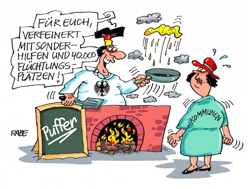 Cartoon: Puffer (medium) by RABE tagged flüchtlinge,flüchtlingsunterbringung,asylanten,merkel,kommunen,sonderhilfen,flüchtlingsplätze,ungarn,grenzen,grenzkontrollen,asylantenheime,rabe,ralf,böhme,cartoon,karikatur,pressezeichnung,farbcartoon,tagescartoon,koch,bund,länder,herd,bratpfanne,puffer,unterstützung,flüchtlinge,flüchtlingsunterbringung,asylanten,merkel,kommunen,sonderhilfen,flüchtlingsplätze,ungarn,grenzen,grenzkontrollen,asylantenheime,rabe,ralf,böhme,cartoon,karikatur,pressezeichnung,farbcartoon,tagescartoon,koch,bund,länder,herd,bratpfanne,puffer,unterstützung