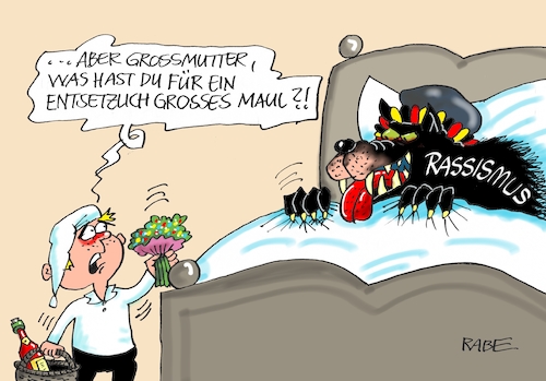 Cartoon: Rassismus (medium) by RABE tagged chemnitz,sachsen,aufmarsch,demo,rabe,ralf,böhme,cartoon,karikatur,pressezeichnung,farbcartoon,tagescartoon,dresden,polizei,merkel,weg,dienstreise,westafrika,asyl,asylantrag,rassismus,rasist,rechte,nazis,deutschland,michel,rotkäppchen,wolf,großmutter,märchen,gebrüder,grimm,rechtsstaat,gewaltbereitschaft,flüchtlinge,pegida,chemnitz,sachsen,aufmarsch,demo,rabe,ralf,böhme,cartoon,karikatur,pressezeichnung,farbcartoon,tagescartoon,dresden,polizei,merkel,weg,dienstreise,westafrika,asyl,asylantrag,rassismus,rasist,rechte,nazis,deutschland,michel,rotkäppchen,wolf,großmutter,märchen,gebrüder,grimm,rechtsstaat,gewaltbereitschaft,flüchtlinge,pegida