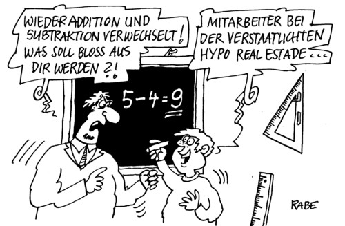 Cartoon: Falschrechner (medium) by RABE tagged verwechslung,nachhilfe,tafel,subtraktion,addition,minus,plus,mathe,schüler,unterricht,schule,lehrer,bankenchefs,schäuble,schulden,eurokrise,euro,bank,bad,hre,rechenfehler,bilanzfehler,bilanzfehler,rechenfehler,hre,bad bank,schulden,schäuble,bankenchefs,bad,bank