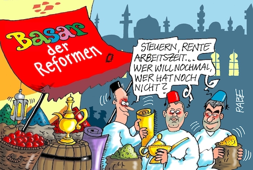 Cartoon: Reformierter Basar (medium) by RABE tagged merz,kanzler,koalition,union,spd,klingbeil,cartoon,karikatur,pressezeichnung,farbcartoon,tagescartoon,db,bahn,frühling,frühjahr,frühjahrsputz,ice,zug,blumenkasten,blumenkästen,esc,songcontest,kanzleramt,spitzentreffen,reformgipfel,gipfel,reformpaket,basar,krämer,tauschgeschäft,merz,kanzler,koalition,union,spd,klingbeil,cartoon,karikatur,pressezeichnung,farbcartoon,tagescartoon,db,bahn,frühling,frühjahr,frühjahrsputz,ice,zug,blumenkasten,blumenkästen,esc,songcontest,kanzleramt,spitzentreffen,reformgipfel,gipfel,reformpaket,basar,krämer,tauschgeschäft