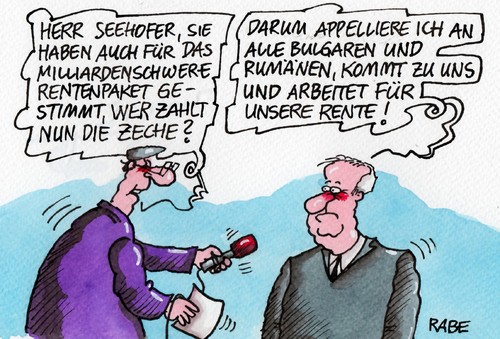 Cartoon: Rentenpaket (medium) by RABE tagged rentenpaket,rente,bundestag,parlament,abstimmung,rentner,dreiundsechzig,nahles,spd,koalition,rabe,ralf,böhme,cartoon,karikatur,presszeichnung,farbcartoon,groko,seehofer,csu,armutseinwanderer,rumänen,bulgaren,milliarden,euro,altersvorsorge,rentenbezüge,zeche,bundesarbeitsministerin,andrea,frühverrentung,frührentner,bundeskabinett,beitrgsjahre,rentenbeitrag,versicherte,rentenkasse,rentenpaket,rente,bundestag,parlament,abstimmung,rentner,dreiundsechzig,nahles,spd,koalition,rabe,ralf,böhme,cartoon,karikatur,presszeichnung,farbcartoon,groko,seehofer,csu,armutseinwanderer,rumänen,bulgaren,milliarden,euro,altersvorsorge,rentenbezüge,zeche,bundesarbeitsministerin,andrea,frühverrentung,frührentner,bundeskabinett,beitrgsjahre,rentenbeitrag,versicherte,rentenkasse