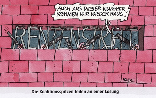 Cartoon: Rentenstreit (medium) by RABE tagged rente,rentenstreit,rentendiskussion,rentner,rentenbescheid,rentenpaket,koalition,koalitionsspitzen,cdu,spd,gabriel,nahles,rabe,ralf,böhme,cartoon,karikatur,pressezeichnung,farbcartoon,mauer,gefängnis,knast,gitte,eisenstäbe,feile,raspel,frührentner,rentenerhöhung,lösung,rente,rentenstreit,rentendiskussion,rentner,rentenbescheid,rentenpaket,koalition,koalitionsspitzen,cdu,spd,gabriel,nahles,rabe,ralf,böhme,cartoon,karikatur,pressezeichnung,farbcartoon,mauer,gefängnis,knast,gitte,eisenstäbe,feile,raspel,frührentner,rentenerhöhung,lösung