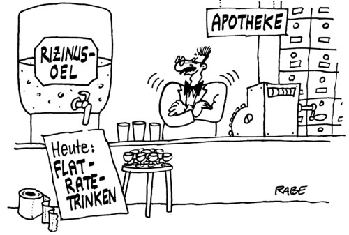 Cartoon: Rizinussaufen (medium) by RABE tagged komasaufen,rizinus,rizinusoel,abführmittel,durchfall,dünnpfiff,flatrate,flatratetrinken,flatratesaufen,aptheke,apotheker,apothekenumschau,apothekenkammer,apothekennotdienst,apothekenversand,docmorris,hausapotheke,apothekenschrank,apothekenkoffer,ladentisch,verkäufer,kasse,toilettenpapier,gläser,schnapsgläser,pharmaindustrie,medikamente,arznei,arzneimittel,kund,käufer,patient,rezept,rezeptpflicht,krankenkasse,barmer,aok,arzt,doktor,verschreibungspflicht,zuzahlung,medikamentenzuzahlung,pillen,salben,pasten,zäpfchen,tabletten,kapseln,komasaufen,rizinus,rizinusoel,abführmittel,durchfall,dünnpfiff,flatrate,flatratetrinken