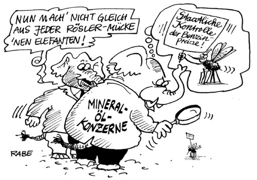 Cartoon: Röslermücke (medium) by RABE tagged bundesregierung,koalition,schwarzgelb,fdp,rösler,brüderle,bahr,kontrolle,benzin,benzinpreise,spritpreise,spritpreisbremse,tankstellen,zapfsäule,kraftfahrer,autofahrer,super,kraftstoff,abzocke,preisabsprache,konzerne,mineralöl,mineralölkonzerne,ölmultis,esso,shell,total,bp,elefanten,mücke,mückenplage,stechen,saugrüssel,bundesregierung,koalition,schwarzgelb,fdp,brüderle,kontrolle,benzin,benzinpreise,spritpreise