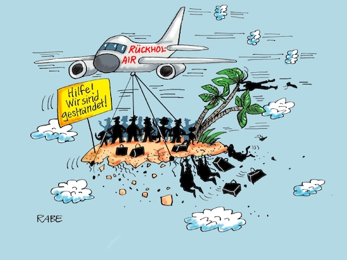 Cartoon: Rückholairline (medium) by RABE tagged virus,corona,pandemie,coronakrise,rabe,ralf,böhme,cartoon,karikatur,pressezeichnung,farbcartoon,tagescartoon,viren,virenschutz,mundschutz,desinfektion,föderal,föderalismus,ländersache,urlauber,gestrandet,rückflug,rückholair,airline,insel,flughäfen,fiebermessung,quarantäne,flieger,urlaubsflieger,sonne,strand,palmen,meer,virus,corona,pandemie,coronakrise,rabe,ralf,böhme,cartoon,karikatur,pressezeichnung,farbcartoon,tagescartoon,viren,virenschutz,mundschutz,desinfektion,föderal,föderalismus,ländersache,urlauber,gestrandet,rückflug,rückholair,airline,insel,flughäfen,fiebermessung,quarantäne,flieger,urlaubsflieger,sonne,strand,palmen,meer