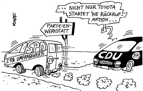 Cartoon: Rückrufaktion (medium) by RABE tagged spd,parteienstreit,rückrufaktion,parteivorsitz,union,cdu,auto,politbarometer,umfragewerte,wegweiser,straße,reparaturwerkstatt,toyota,autoindustrie,rasen,parteiengezänk,euro,bundesregierung,geschwindigkeit,passagiere,sicherheit,krise,durchsicht,beifahrer,geländewagen,ersatz,partei,bundesregierung,umfragewerte,krise