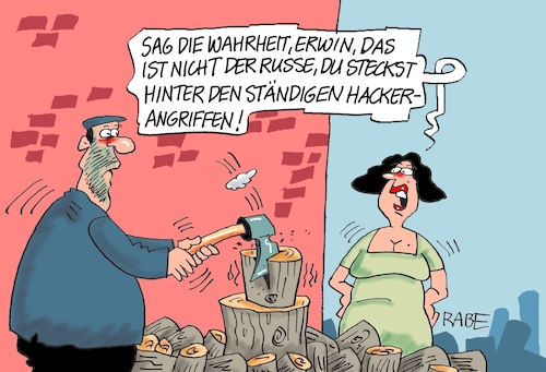 Cartoon: Russenhacker (medium) by RABE tagged merz,groko,spd,union,posten,postenvergabe,rabe,ralf,böhme,cartoon,karikatur,pressezeichnung,farbcartoon,tagescartoon,schaufenster,deko,umbau,laden,ladenhüter,regierungsbildung,putin,russe,hacker,hackerangriff,holz,hackklotz,beil,pc,internet,ki,netz,fake,merz,groko,spd,union,posten,postenvergabe,rabe,ralf,böhme,cartoon,karikatur,pressezeichnung,farbcartoon,tagescartoon,schaufenster,deko,umbau,laden,ladenhüter,regierungsbildung,putin,russe,hacker,hackerangriff,holz,hackklotz,beil,pc,internet,ki,netz,fake