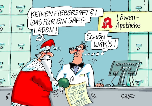 Cartoon: Saftladen (medium) by RABE tagged weihnachten,weihnachtsfest,weihnachtsmann,weihnachtsmänner,bart,geschenkesack,rabe,ralf,böhme,cartoon,karikatur,pressezeichnung,farbcartoon,tagescartoon,wunschzettel,apotheke,abotheker,saft,saftladen,fiebersaft,hustensaft,engpass,versorgungslücke,weihnachten,weihnachtsfest,weihnachtsmann,weihnachtsmänner,bart,geschenkesack,rabe,ralf,böhme,cartoon,karikatur,pressezeichnung,farbcartoon,tagescartoon,wunschzettel,apotheke,abotheker,saft,saftladen,fiebersaft,hustensaft,engpass,versorgungslücke