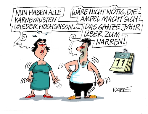 Cartoon: Saisonstart (medium) by RABE tagged karneval,fasching,karnevalsaison,saisonbeginn,narren,karnevalisten,feier,rabe,ralf,böhme,cartoon,karikatur,pressezeichnung,farbcartoon,tagescartoon,bundesregierung,ampelkoalition,ampel,narrenfreiheit,karneval,fasching,karnevalsaison,saisonbeginn,narren,karnevalisten,feier,rabe,ralf,böhme,cartoon,karikatur,pressezeichnung,farbcartoon,tagescartoon,bundesregierung,ampelkoalition,ampel,narrenfreiheit