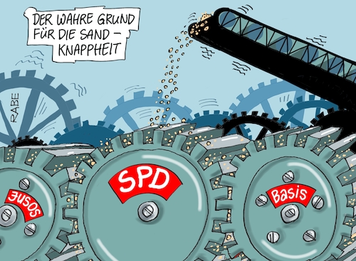 Cartoon: Sand wird knapp (medium) by RABE tagged sonderparteitag,spd,martin,schulz,ja,groko,koalitionsverhandlungen,rabe,ralf,böhme,cartoon,karikatur,pressezeichnung,farbcartoon,tagescartoon,merkel,union,koalitionsgespräche,neuwahlen,mitgliederbefragunf,basis,jusos,scholz,nahles,zahnräder,getriebe,sand,sandkörner,förderband,bauwesen,baustoffe,sonderparteitag,spd,martin,schulz,ja,groko,koalitionsverhandlungen,rabe,ralf,böhme,cartoon,karikatur,pressezeichnung,farbcartoon,tagescartoon,merkel,union,koalitionsgespräche,neuwahlen,mitgliederbefragunf,basis,jusos,scholz,nahles,zahnräder,getriebe,sand,sandkörner,förderband,bauwesen,baustoffe