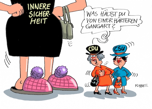 Cartoon: Sanfte Gangart (medium) by RABE tagged union,csu,cdu,münchen,innere,sicherheit,gangart,härte,rabe,ralf,böhme,cartoon,karikatur,pressezeichnung,farbcartoon,tagescartoon,unionsfraktion,unionfraktionschefs,seehofer,merkelkonferenz,montag,is,attentat,terroristen,anschläge,anrim,union,csu,cdu,münchen,innere,sicherheit,gangart,härte,rabe,ralf,böhme,cartoon,karikatur,pressezeichnung,farbcartoon,tagescartoon,unionsfraktion,unionfraktionschefs,seehofer,merkelkonferenz,montag,is,attentat,terroristen,anschläge,anrim