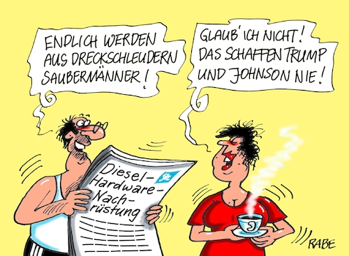 Cartoon: Saubermänner (medium) by RABE tagged klimawandel,umwelt,umweltministerin,schulze,sp,klimapreis,heizung,auto,rabe,ralf,böhme,cartoon,karikatur,pressezeichnung,farbcartoon,tagescartoon,brücke,bettler,verkehr,klimaprämie,friday,for,future,diesel,dieselaffäre,dieselnachrüstung,verkehrsminister,scheuer,csu,kraftfahrer,saubermänner,boris,johnson,donald,trump,klimawandel,umwelt,umweltministerin,schulze,sp,klimapreis,heizung,auto,rabe,ralf,böhme,cartoon,karikatur,pressezeichnung,farbcartoon,tagescartoon,brücke,bettler,verkehr,klimaprämie,friday,for,future,diesel,dieselaffäre,dieselnachrüstung,verkehrsminister,scheuer,csu,kraftfahrer,saubermänner,boris,johnson,donald,trump