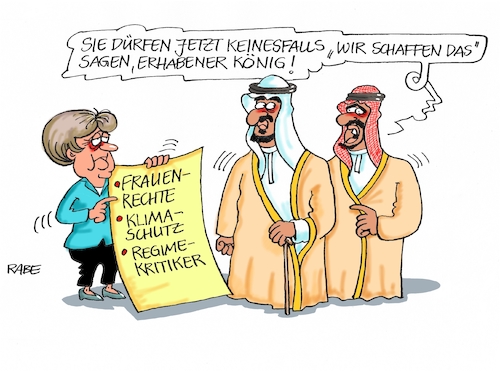 Cartoon: Saudibesuch (medium) by RABE tagged merkel,staatsbesuch,kanzlerin,zwanzig,gipfel,saudis,arabien,saudiarabien,emirate,königreich,scheich,könig,rabe,ralf,böhme,cartoon,karikatur,pressezeichnung,farbcartoon,tagescartoon,wüste,frauenrechte,menschenrechte,folter,regime,regimekritiker,terrorbekämpfung,wirtschaftsdelegatrion,merkel,staatsbesuch,kanzlerin,zwanzig,gipfel,saudis,arabien,saudiarabien,emirate,königreich,scheich,könig,rabe,ralf,böhme,cartoon,karikatur,pressezeichnung,farbcartoon,tagescartoon,wüste,frauenrechte,menschenrechte,folter,regime,regimekritiker,terrorbekämpfung,wirtschaftsdelegatrion