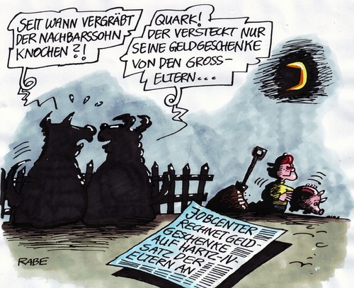 Cartoon: Schatzsucher (medium) by RABE tagged geld,geldgeschenk,schatztruhe,sparschwein,erspartes,euro,krise,schuldebkrise,bundesregierung,arbeitsamt,sozialhilfe,sozialhilfeempfänger,job,jobcenter,arbeitsagentur,minijob,teilzeit,eltern,kinder,grosselterm,enkel,oma,opa,garten,grube,spaten,hunde,mond,mondschein,nachbar,sohn,behörden,ämter,geld,geldgeschenk,schatztruhe,sparschwein,erspartes,euro,krise,schuldebkrise,bundesregierung,arbeitsamt