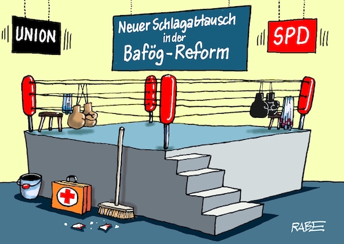 Cartoon: Schlagabtausch (medium) by RABE tagged merz,kanzler,koalition,union,spd,klingbeil,cartoon,karikatur,pressezeichnung,farbcartoon,tagescartoon,db,bahn,frühling,frühjahr,frühjahrsputz,ice,zug,blumenkasten,blumenkästen,esc,songcontest,reform,bafög,bafögreform,bär,studenten,studierende,schlagabtausch,uneinigkeit,streit,boxkampf,boxring,merz,kanzler,koalition,union,spd,klingbeil,cartoon,karikatur,pressezeichnung,farbcartoon,tagescartoon,db,bahn,frühling,frühjahr,frühjahrsputz,ice,zug,blumenkasten,blumenkästen,esc,songcontest,reform,bafög,bafögreform,bär,studenten,studierende,schlagabtausch,uneinigkeit,streit,boxkampf,boxring