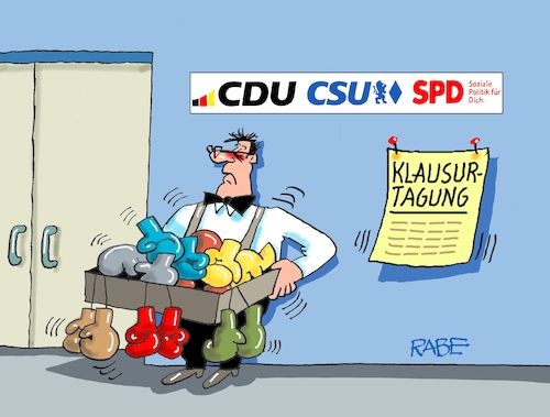 Cartoon: Schlagabtausch II (medium) by RABE tagged merz,union,kanzler,fritze,koalition,spd,klingbeil,bundesregierung,rabe,ralf,böhme,cartoon,karikatur,pressezeichnung,farbcartoon,tagescartoon,trump,putin,krisen,tv,nachrichten,waschmaschine,klausur,klausurtagung,würzburg,rot,schwarz,groko,boxhandschuhe,bauchladen,merz,union,kanzler,fritze,koalition,spd,klingbeil,bundesregierung,rabe,ralf,böhme,cartoon,karikatur,pressezeichnung,farbcartoon,tagescartoon,trump,putin,krisen,tv,nachrichten,waschmaschine,klausur,klausurtagung,würzburg,rot,schwarz,groko,boxhandschuhe,bauchladen