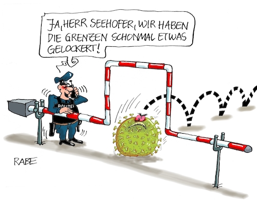 Cartoon: Schlagbaumelei (medium) by RABE tagged virus,corona,pandemie,coronakrise,rabe,ralf,böhme,cartoon,karikatur,pressezeichnung,farbcartoon,tagescartoon,viren,virenschutz,mundschutz,desinfektion,föderal,föderalismus,ländersache,grenzen,grenzöffnung,lockerungen,horst,seehofer,innenminister,csu,schranke,schlagbaum,grenzübergang,virus,corona,pandemie,coronakrise,rabe,ralf,böhme,cartoon,karikatur,pressezeichnung,farbcartoon,tagescartoon,viren,virenschutz,mundschutz,desinfektion,föderal,föderalismus,ländersache,grenzen,grenzöffnung,lockerungen,horst,seehofer,innenminister,csu,schranke,schlagbaum,grenzübergang