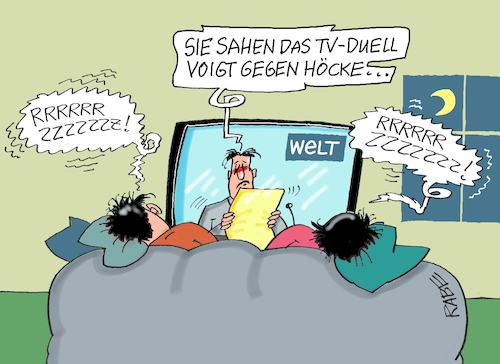 Cartoon: Schlummerfernsehen (medium) by RABE tagged landtagswahl,thüringen,septemper,cdu,afd,mario,voigt,bernd,höcke,tv,duell,fernsehduell,rabe,ralf,böhme,cartoon,karikatur,pressezeichnung,farbcartoon,tagescartoon,welt,wahlkampf,schlaf,schläfer,müdigkeit,penner,schnarcher,landtagswahl,thüringen,septemper,cdu,afd,mario,voigt,bernd,höcke,tv,duell,fernsehduell,rabe,ralf,böhme,cartoon,karikatur,pressezeichnung,farbcartoon,tagescartoon,welt,wahlkampf,schlaf,schläfer,müdigkeit,penner,schnarcher