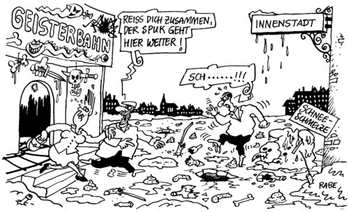 Cartoon: Schneeschmelze (medium) by RABE tagged schneeschmelze,schneemann,frau,mann,geisterbahn,innenstadt,schneereste,tauwetter,stadt,schlaglöcher,hundekot,hundehaufen,knallkörper,silvesterraketen,abfall,unsauberkeit,müll,schneedecke,flaschen,bruch,glasscherben,straßen,gehwege,straßenreinigung,spuk,angst,tauwetter,schneereste,geisterbahn,innenstadt,schneeschmelze,schneemann,abfall,müll