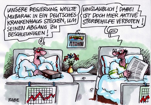 Cartoon: Schneller Abgang (medium) by RABE tagged mubarak,ägypten,opposition,demonstration,krise,pyramiden,oppositionsführer,bundesregierung,außenminister,westerwelle,fdp,koalition,schwarzgelb,euro,krankenhaus,sanatorium,klinik,kur,genesung,heilung,arzt,mediziner,betreuung,sterbehilfe,beschleunigung,regierungschef,männer,krankenzimmer,mann,bettdecke,kopfkissen,bett,blumen,blumenvase,zeitung,ente,diagramm,mubarak,ägypten,opposition,demonstration,krise,pyramiden,bundesregierung