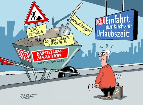 Cartoon: Schubkarre nochmal (medium) by RABE tagged db,bahn,baustelle,baustellenmarathon,urlaubszeit,reisezeit,gleisbau,schiene,rabe,ralf,böhme,cartoon,karikatur,pressezeichnung,farbcartoon,tagescartoon,verspätung,umleitung,zugausfall,schienenersatzverkehr,schubkarre,verkehr,db,bahn,baustelle,baustellenmarathon,urlaubszeit,reisezeit,gleisbau,schiene,rabe,ralf,böhme,cartoon,karikatur,pressezeichnung,farbcartoon,tagescartoon,verspätung,umleitung,zugausfall,schienenersatzverkehr,schubkarre,verkehr