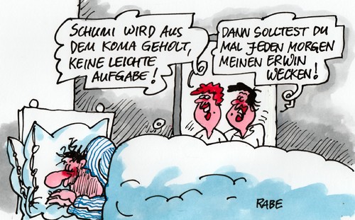 Cartoon: Schumi Koma (medium) by RABE tagged sturz,grenoble,ärzte,wachkoma,skiunfall,trauma,koma,schumacher,schumi,helm,rabe,ralf,böhme,cartoon,karikatur,pressezeichnung,farbcartoon,skipiste,gehirnerschütterung,komapatient,aufwachphase,hirnschäden,patient,rennfahrer,michael,rennstrecke,abfahrtslauf,schlaf,tiefschlaf,erwin,aufwachen,morgen,schnee,schumi,schumacher,koma,trauma,skiunfall,wachkoma,ärzte,grenoble,sturz,helm,rabe,ralf,böhme,cartoon,karikatur,pressezeichnung,farbcartoon,skipiste,gehirnerschütterung,komapatient,aufwachphase,hirnschäden,patient,rennfahrer,michael,rennstrecke,abfahrtslauf,schlaf,tiefschlaf,erwin,aufwachen,morgen,schnee