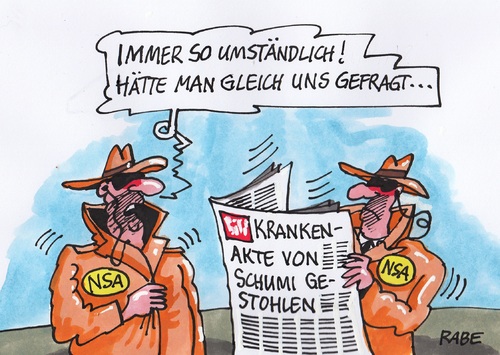 Cartoon: Schumiakte (medium) by RABE tagged schumi,rennfahrer,formeleins,rekordweltmeister,rennwagen,skiunfall,koma,grenoble,klinik,schweiz,frankreich,rabe,ralf,böhme,cartoon,karikatur,pressezeichnung,krankenakte,bild,diebstahl,patient,patientenakte,reha,nsa,geheimdienste,bnd,ausspähen,sport,rennsport,schumi,rennfahrer,formeleins,rekordweltmeister,rennwagen,skiunfall,koma,grenoble,klinik,schweiz,frankreich,rabe,ralf,böhme,cartoon,karikatur,pressezeichnung,krankenakte,bild,diebstahl,patient,patientenakte,reha,nsa,geheimdienste,bnd,ausspähen,sport,rennsport