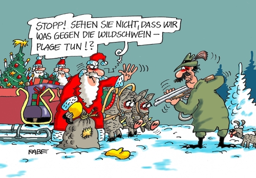 Cartoon: Schwarzkittel (medium) by RABE tagged schwarzkittel,wildschweine,wildsau,bache,eber,frischling,weihnachten,weihnachtsmann,geschenke,schlitten,gespann,rentiere,rabe,ralf,böhme,cartoon,karikatur,pressezeichnung,farbcartoon,tagescartoon,förster,jäger,flinte,jagdhund,schwarzkittel,wildschweine,wildsau,bache,eber,frischling,weihnachten,weihnachtsmann,geschenke,schlitten,gespann,rentiere,rabe,ralf,böhme,cartoon,karikatur,pressezeichnung,farbcartoon,tagescartoon,förster,jäger,flinte,jagdhund