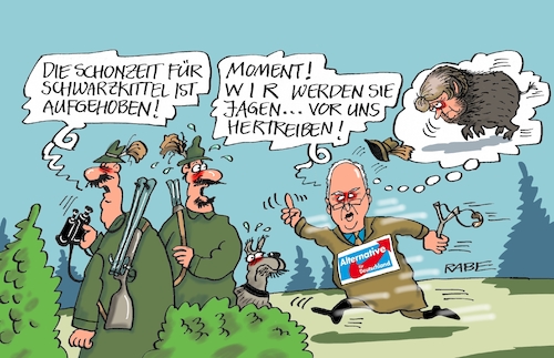 Cartoon: Schwarzkittel (medium) by RABE tagged sonderparteitag,spd,martin,schulz,ja,groko,koalitionsverhandlungen,rabe,ralf,böhme,cartoon,karikatur,pressezeichnung,farbcartoon,tagescartoon,merkel,union,koalitionsgespräche,schweinepest,kanzlerin,wildschweine,schwarzwild,schwarzkittel,jagd,jäger,afd,treiber,förster,cdu,sonderparteitag,spd,martin,schulz,ja,groko,koalitionsverhandlungen,rabe,ralf,böhme,cartoon,karikatur,pressezeichnung,farbcartoon,tagescartoon,merkel,union,koalitionsgespräche,schweinepest,kanzlerin,wildschweine,schwarzwild,schwarzkittel,jagd,jäger,afd,treiber,förster,cdu