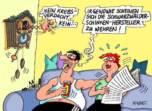 Cartoon: Schwarzwälder Schinken (medium) by RABE tagged fleisch,wurst,schinken,räucherwurst,schinkenwurst,krebs,krebserreger,scharzwald,schinkenhersteller,rabe,ralf,böhme,cartoon,karikatur,pressezeichnung,farbcartoon,tagescartoon,who,krebsverdacht,gesundheitsgefährdung,darmkrebs,kuckuck,kuckucksuhr,fleisch,wurst,schinken,räucherwurst,schinkenwurst,krebs,krebserreger,scharzwald,schinkenhersteller,rabe,ralf,böhme,cartoon,karikatur,pressezeichnung,farbcartoon,tagescartoon,who,krebsverdacht,gesundheitsgefährdung,darmkrebs,kuckuck,kuckucksuhr