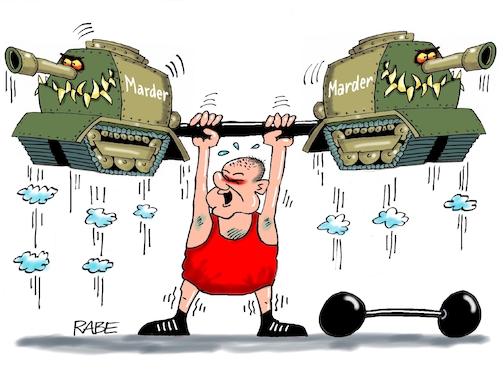 Cartoon: Schwerathlet (medium) by RABE tagged ukrainekrieg,selenskyj,klitschkow,burgfrieden,rabe,ralf,böhme,cartoon,karikatur,tagescartoon,schützenpanzer,puma,bundeswehr,schrott,schrottplatz,kampfunfähig,marder,marderpanzer,usa,frankreich,olaf,scholz,panzerlieferung,forderungen,gewichtheber,hantel,sport,athlet,ukrainekrieg,selenskyj,klitschkow,burgfrieden,rabe,ralf,böhme,cartoon,karikatur,tagescartoon,schützenpanzer,puma,bundeswehr,schrott,schrottplatz,kampfunfähig,marder,marderpanzer,usa,frankreich,olaf,scholz,panzerlieferung,forderungen,gewichtheber,hantel,sport,athlet