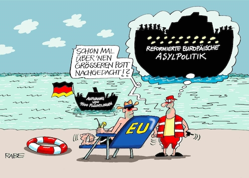 Cartoon: Seenotretterin Merkel (medium) by RABE tagged flüchtlinge,migranten,mittelmeer,griechenland,moria,eu,seenotrettung,rettungsring,merkel,cdu,seehofer,csu,union,spd,rabe,ralf,böhme,cartoon,karikatur,pressezeichnung,farbcartoon,tagescartoon,außengrenzen,einwanderung,wirtschaftsflüchtlinge,zeltlager,ngo,pott,kahn,dampfer,asylpolitik,reform,rettung,krisendiplomatie,flüchtlinge,migranten,mittelmeer,griechenland,moria,eu,seenotrettung,rettungsring,merkel,cdu,seehofer,csu,union,spd,rabe,ralf,böhme,cartoon,karikatur,pressezeichnung,farbcartoon,tagescartoon,außengrenzen,einwanderung,wirtschaftsflüchtlinge,zeltlager,ngo,pott,kahn,dampfer,asylpolitik,reform,rettung,krisendiplomatie