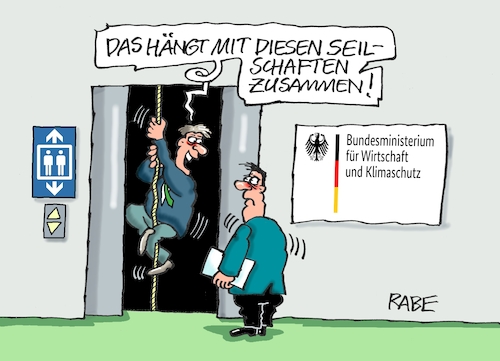 Cartoon: Seiltrick (medium) by RABE tagged habeck,graichen,grüne,wirtschaftsministerium,vetter,vetternwirtschaft,trauzeugenaffäre,filz,verstrickung,rücktritt,rabe,ralf,böhme,cartoon,karikatur,presezeichnung,farbcartoon,tagescartoon,fahrstuhl,lift,seil,seilschaften,habeck,graichen,grüne,wirtschaftsministerium,vetter,vetternwirtschaft,trauzeugenaffäre,filz,verstrickung,rücktritt,rabe,ralf,böhme,cartoon,karikatur,presezeichnung,farbcartoon,tagescartoon,fahrstuhl,lift,seil,seilschaften