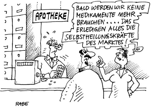 Cartoon: Selbstheilendes (medium) by RABE tagged markt,finanzmarkt,euro,krise,eu,brüssel,finanzminister,schäuble,dcu,merkel,kanzlerin,rettungspaket,rettungsschirm,ratingagentur,manager,banker,spekulanten,börse,dax,geldgeschäfte,schuldenkrise,kraft,selbstheilung,selbstheilungskräfte,ehepaar,mann,frau,kunde,patient,apotheke,apotheker,apotekennotdienst,apothekenrundschau,rezept,medikament,arznei,pillen,zäpfchen,ddragees,kapseln,tropfen,tabletten,medizien,arzt,doktor,krankenkassen,barmer,aok,markt,krise,eu,brüssel,finanzminister,schäuble,dcu,merkel,kanzlerin