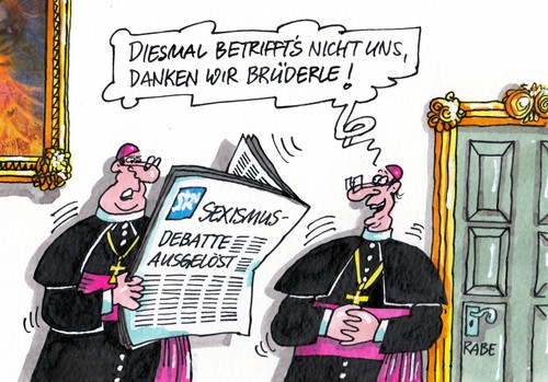 Cartoon: Sexismus (medium) by RABE tagged sexsismus,brüderle,fdp,liberale,neujahrsempfang,journalistin,chef,bundestagsfraktion,vorwurf,westerwelle,empfang,rabe,ralf,böhme,cartoon,karikatur,kirche,katholisch,katholiken,debatte,sexismusdebatte,missbrauch,messdiener,bischoff,kindesmissbrauch,knaben,düsseldorf,anzüglichkeiten,frauen,frauenfeindlichkeit,grabscher,busen,hintern,sexsismus,brüderle,fdp,liberale,neujahrsempfang,journalistin,chef,bundestagsfraktion,vorwurf,westerwelle,empfang,rabe,ralf,böhme,cartoon,karikatur,kirche,katholisch,katholiken,debatte,sexismusdebatte,missbrauch,messdiener,bischoff,kindesmissbrauch,knaben,düsseldorf,anzüglichkeiten,frauen,frauenfeindlichkeit,sex,grabscher,busen,hintern