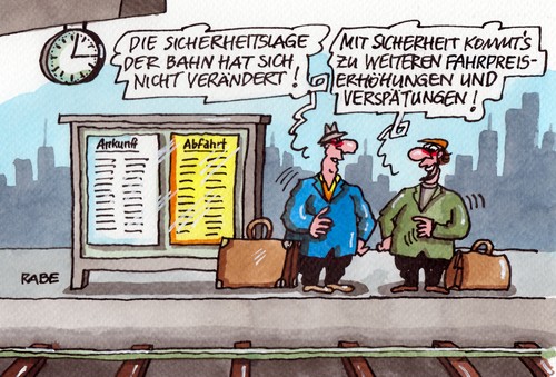 Cartoon: Sicherheitslage Bahn (medium) by RABE tagged deutsche,bahn,ag,terror,terroranschläge,sicherheit,sicherheitslage,zug,bahnhof,verspätung,fahrpreiserhöhung,rabe,ralf,böhme,cartoon,karikatur,pressezeichnung,farbcartoon,fahrplan,bahnsteig,terroranschlag,anschläge,bahngleise,mainz,stellwerker,fahrdienstleiter,reisende,tunnel,weiche,gleis,ankunftszeit,deutsche,bahn,ag,terror,terroranschläge,sicherheit,sicherheitslage,zug,bahnhof,verspätung,fahrpreiserhöhung,rabe,ralf,böhme,cartoon,karikatur,pressezeichnung,farbcartoon,fahrplan,bahnsteig,terroranschlag,anschläge,bahngleise,mainz,stellwerker,fahrdienstleiter,reisende,tunnel,weiche,gleis,ankunftszeit