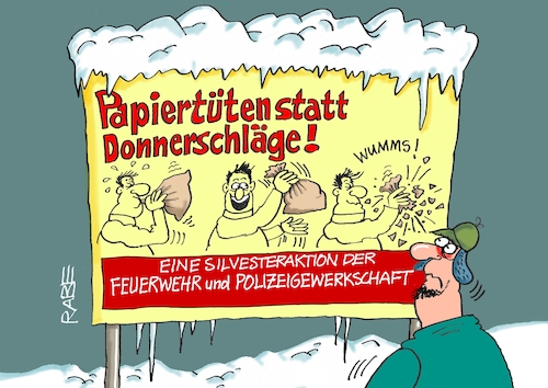 Cartoon: Silvesteraktion (medium) by RABE tagged merz,kanzler,koalition,union,spd,klingbeil,cartoon,karikatur,pressezeichnung,farbcartoon,tagescartoon,weihnachten,silvester,neujahr,jahreswechsel,knaller,böller,feuerwehr,silvesterknaller,feuerwerk,rakete,polizei,polizeigewerkschaft,merz,kanzler,koalition,union,spd,klingbeil,cartoon,karikatur,pressezeichnung,farbcartoon,tagescartoon,weihnachten,silvester,neujahr,jahreswechsel,knaller,böller,feuerwehr,silvesterknaller,feuerwerk,rakete,polizei,polizeigewerkschaft
