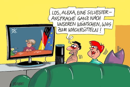 Cartoon: Silvesteransprache (medium) by RABE tagged akk,spahn,merz,schäuble,altmaier,merkel,parteispitze,cdu,parteitag,rabe,ralf,böhme,cartoon,karikatur,pressezeichnung,farbcartoon,tagescartoon,zentrale,dammbruch,spitzenkandidat,folgen,kanzlerin,silvester,silvesteransprache,fernsehen,tv,neujahr,neujahrsansprache,alexa,amazon,ard,zdf,regional,akk,spahn,merz,schäuble,altmaier,merkel,parteispitze,cdu,parteitag,rabe,ralf,böhme,cartoon,karikatur,pressezeichnung,farbcartoon,tagescartoon,zentrale,dammbruch,spitzenkandidat,folgen,kanzlerin,silvester,silvesteransprache,fernsehen,tv,neujahr,neujahrsansprache,alexa,amazon,ard,zdf,regional