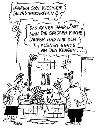 Cartoon: Silvesterkarpfen (medium) by RABE tagged silvester,neujahr,silvesterkarpfen,fisch,badewanne,wasser,mann,frau,ehepaar,schlachten,kragen,politiker,strafe,freiheit,betrug,geschäfte,gefängnis,schmieren,silvester,neujahr,silvesterkarpfen,fisch,badewanne,wasser,mann,schlachten,kragen,freiheit,betrug,geschäfte