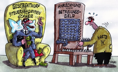 Cartoon: Sitzgelegenheiten (medium) by RABE tagged bundesregierung,finanzminister,schäuble,cdu,von,der,leyen,steuerzahler,steuerabkommen,schweiz,gesetz,gesetzentwurf,bundeskabinett,abstimmung,geld,geldwäsche,steuerhinterziehung,banken,bankgeheimnis,steuersünder,kriminelle,betrüger,steuerfahnder,geldkoffer,anrechnung,betreuung,betreuungsgeld,spd,herdprämie,elterngeld,kita,kindergarten,kindergartenplatz,erzieherinnen,eltern,vater,mutter,kinder,oma,opa,merkel,kanzlerin,sessel,kissen,polster,stuhl,folter,folterinstrument,folterstuhl,dornen,stacheln,nägel,nagelbrett,hartz,vier,sozialhilfe,unterschicht,sozialhilfeempfänger,bundesregierung,finanzminister,schäuble,cdu,leyen,steuerabkommen,schweiz