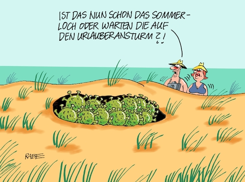 Cartoon: Sommerloch XXL (medium) by RABE tagged virus,corona,pandemie,coronakrise,rabe,ralf,böhme,cartoon,karikatur,pressezeichnung,farbcartoon,tagescartoon,viren,virenschutz,mundschutz,desinfektion,föderal,föderalismus,ländersache,lockerungen,einreisebeschränkungen,nrw,gütersloh,armin,laschet,tönnies,schlachthof,urlauber,urlauberansturm,strand,meer,ostsee,nordsee,sommer,sommerloch,virus,corona,pandemie,coronakrise,rabe,ralf,böhme,cartoon,karikatur,pressezeichnung,farbcartoon,tagescartoon,viren,virenschutz,mundschutz,desinfektion,föderal,föderalismus,ländersache,lockerungen,einreisebeschränkungen,nrw,gütersloh,armin,laschet,tönnies,schlachthof,urlauber,urlauberansturm,strand,meer,ostsee,nordsee,sommer,sommerloch