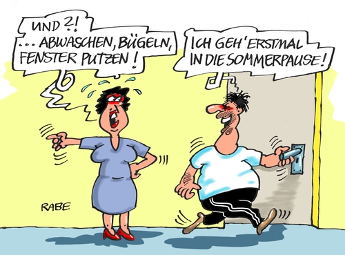 Cartoon: Sommerpause (medium) by RABE tagged sommer,sonne,urlaub,freizeit,mann,frau,ehepaar,rabe,ralf,böhme,cartoon,karikatur,pressezeichnung,farbcartoon,tagescartoon,saubermachen,wischen,putzen,abwasch,fenster,mülleimer,sommer,sonne,urlaub,freizeit,mann,frau,ehepaar,rabe,ralf,böhme,cartoon,karikatur,pressezeichnung,farbcartoon,tagescartoon,saubermachen,wischen,putzen,abwasch,fenster,mülleimer