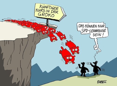 Cartoon: SPD Lemming (medium) by RABE tagged spd,lemminge,parteivorsitz,esken,walter,borjans,rabe,ralf,böhme,cartoon,karikatur,pressezeichnung,farbcartoon,tagescartoon,abgrund,grokoo,spd,lemminge,parteivorsitz,esken,walter,borjans,rabe,ralf,böhme,cartoon,karikatur,pressezeichnung,farbcartoon,tagescartoon,abgrund,grokoo